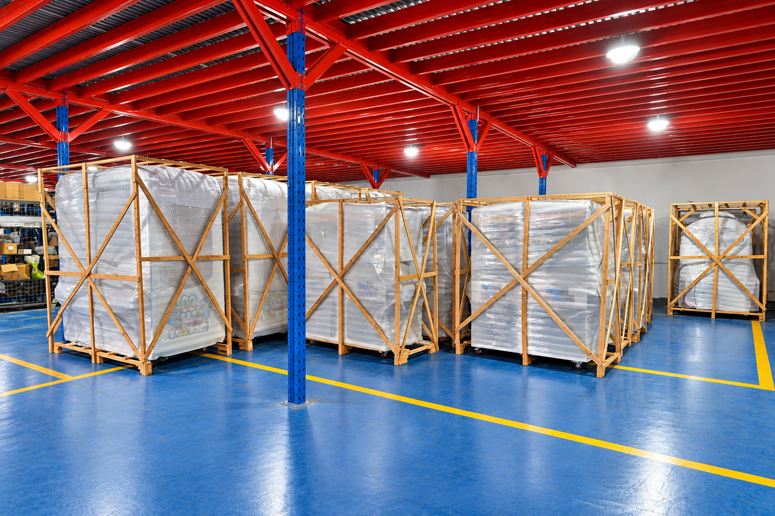 Arcade machines packed in wooden export crates