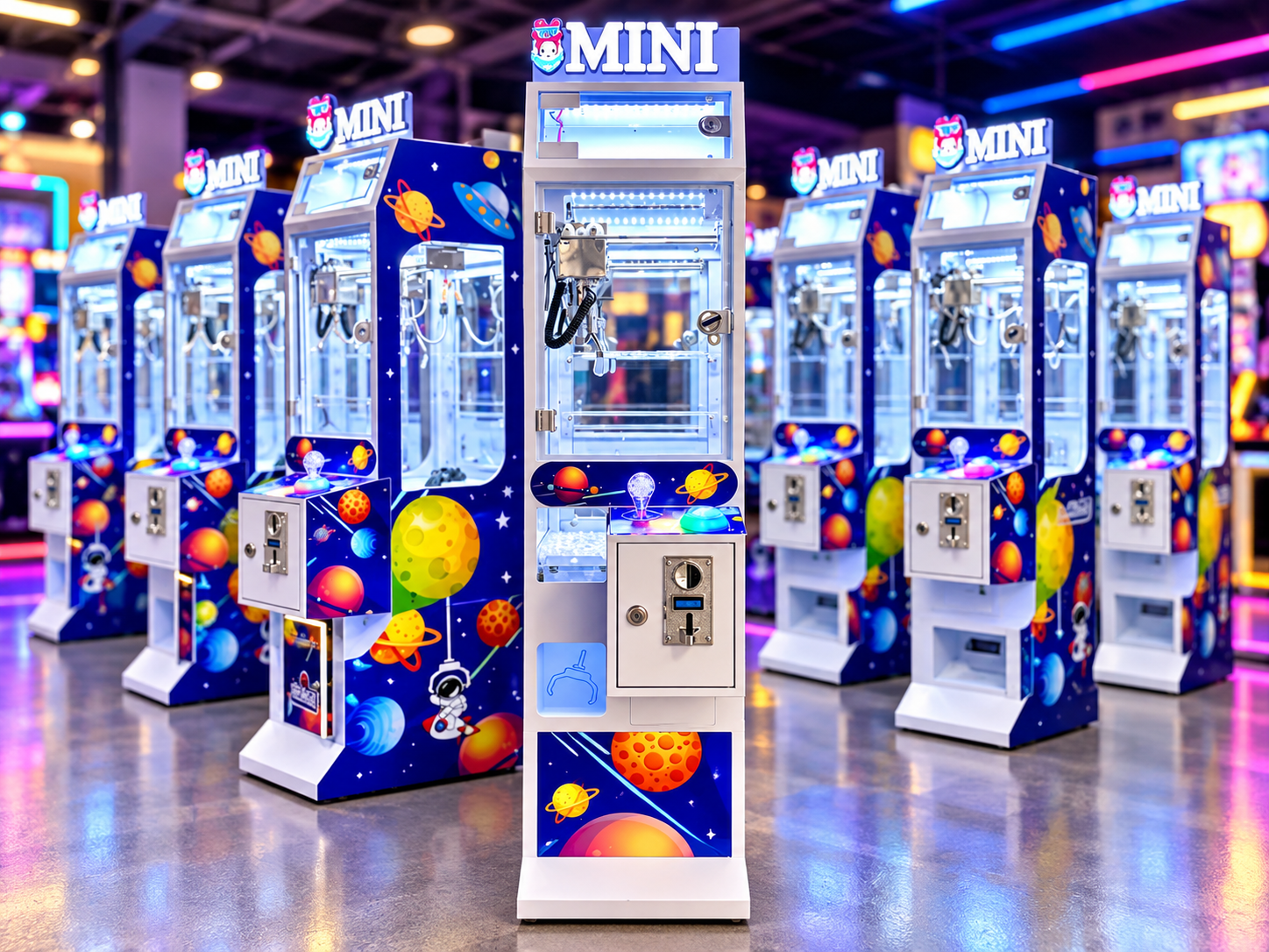 MINI Claw machines arranged in an arcade venue