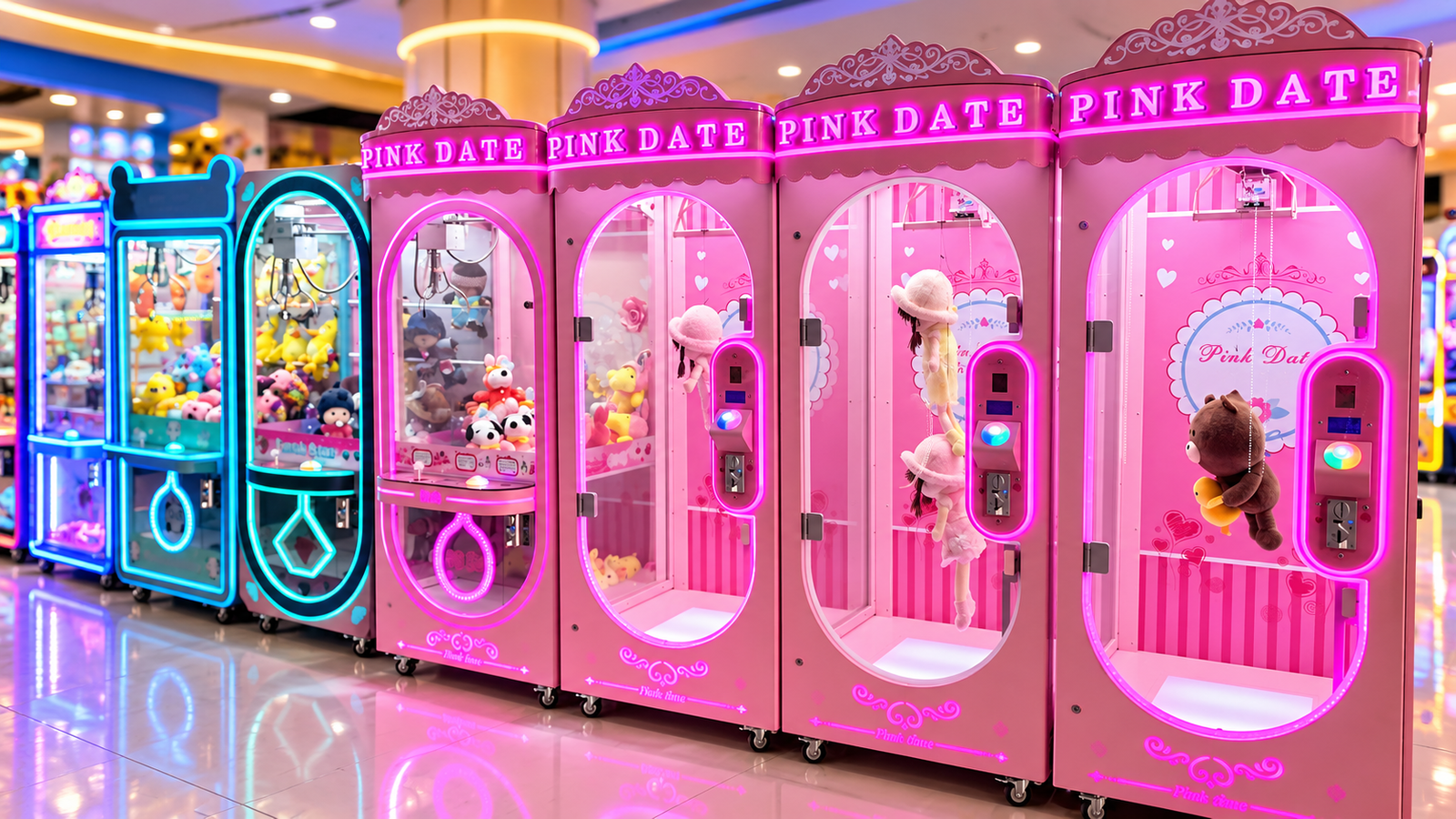 Pink Date machines arranged in an arcade venue