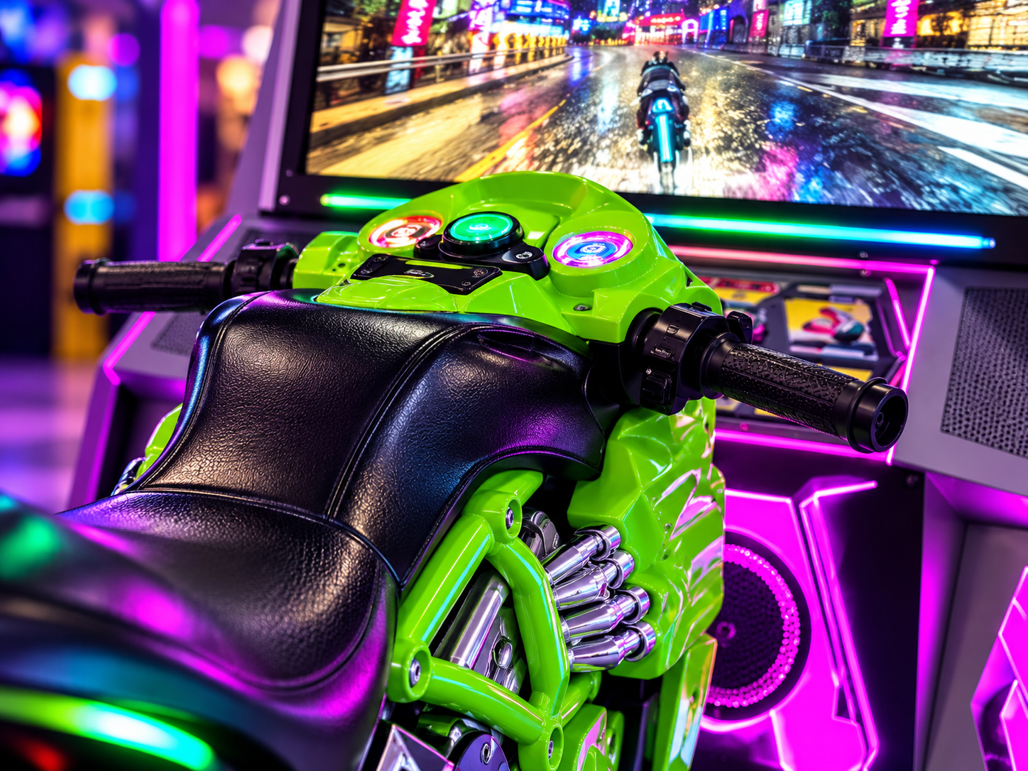 StormRider twin motion racing simulator in a neon arcade