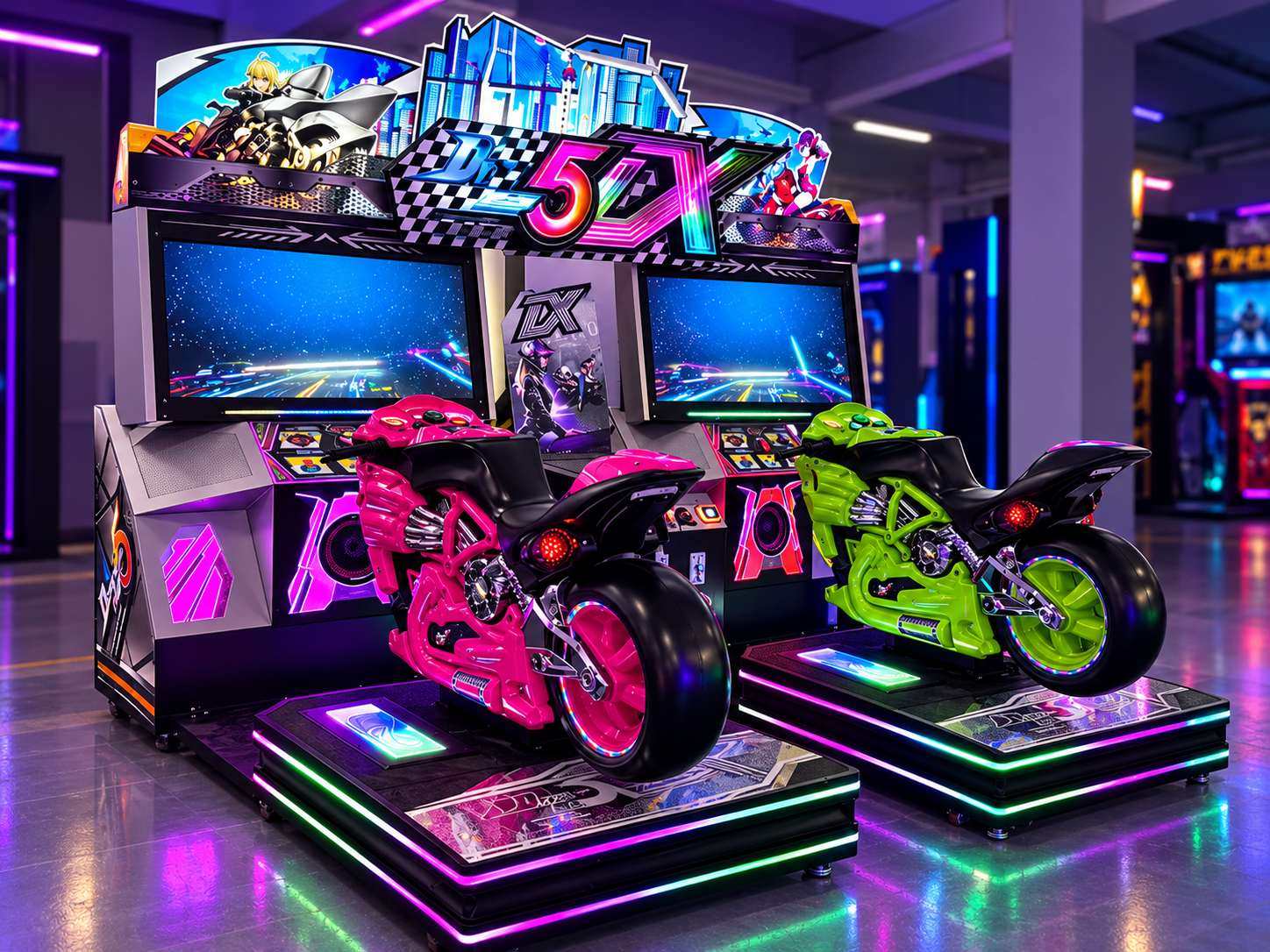 StormRider DX5DX twin racing cabinets in an arcade